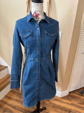 Free People Blue Denim Button-Front Long Sleeve Dress